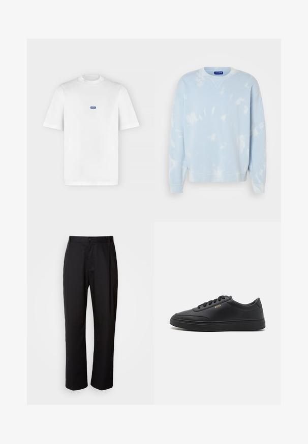Hellblaues Sweatshirt mit einem Batikmuster, Rundhals und weiten Ärmeln. Hergestellt aus weichem Stoff mit gerippten Bündchen und Saum.; Weißes T-Shirt mit kurzen Ärmeln und Rundhalsausschnitt mit einem kleinen blauen rechteckigen "HUGO" Logo, das auf der Brust zentriert ist.; Schwarze Hosen mit geradem Schnitt, aus leichtem Stoff gefertigt. Verfügt über einen vorderen Knopfverschluss und zwei seitliche Taschen; glatte Textur.; Schwarze Leder-Sneaker mit glatter Textur, runder Zehenpartie, flacher Gummisohle und einfarbigen Schnürsenkeln. Mit goldfarbenem "BOSS" Logo an der Seite.