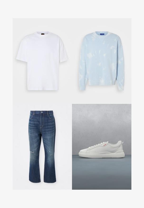 Lyseblå sweatshirt med tie-dye mønster, rund hals og brede ærmer. Fremstillet af blødt stof med ribbestrikkede manchetter og bund.; Hvid bomulds T-shirt med rund hals, korte ærmer og en afslappet pasform. Har strukturerede skuldersømme for ekstra detaljer.; Blå denim flared jeans med let slid på begge knæ og en knaplukning i taljen, vist mod en hvid baggrund.; Hvide sneakers med en glat læderfinish, rund tå, fire snørehuller, subtile perforeringer og en rød logo detalje på siden.