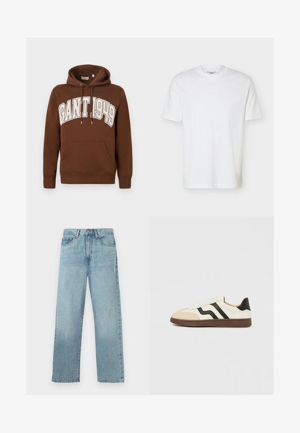 Brauner Kapuzenpullover aus Baumwolle mit Kängurutasche, Kordelzugkapuze und weißem "GANT 1949" Schriftzug auf der Vorderseite. Rippbündchen an Ärmeln und Saum.; Schlichtes weißes T-Shirt mit kurzen Ärmeln und Rundhalsausschnitt, mit einem Etikett "Marc O’Polo DENIM" an der Innenseite des Kragens.; Hellblaue gerade geschnittene Jeans aus Denim mit Fünf-Taschen-Design und Knopfverschluss an der Taille.; Weißer Ledersneaker mit schwarzen Streifen und hellbraunem Wildleder-Zehenkappe. Gummisohle in Dunkelbraun. Schnürsenkel und gepolsterter Kragen vervollständigen das Design.