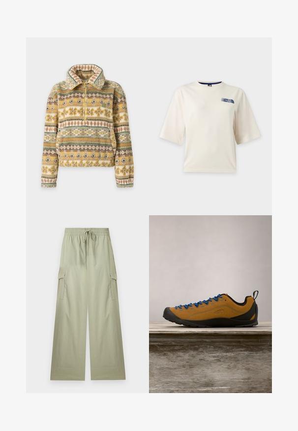 Pull en polaire avec une demi-fermeture éclair, un col montant, une poche avant et des motifs floraux et géométriques multicolores dans des tons verts, jaunes et bruns.; T-shirt blanc à manches courtes avec un petit logo bleu The North Face sur la partie supérieure gauche de la poitrine.; Pantalon cargo vert clair à jambes larges avec taille élastique et cordon de serrage, doté de poches latérales à rabat et d'une coupe décontractée.; Chaussure d'extérieur en suède marron avec des lacets bleus, semelle en caoutchouc noir et un design épuré. Équipée d'une languette à l'arrière pour un enfilage facile.