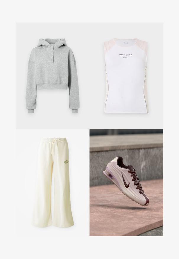 Grijze cropped hoodie gemaakt van zachte stof, met een geknoopte kraag, lange mouwen en een klein Nike-logo op de borst.; Wit mouwloos sporttopje met beige accenten op de schouders, de tekst "NIKE SHOX" en een zwart Nike-swooshlogo op de borst.; Crème wijde sweatpants met een elastische tailleband en een verstelbare drawstring. Geborduurd groen "Athletic"-tekst op de voorkant. Zachte stof.; Lichtbeige en bruine Nike sneaker met zichtbare luchtzool, zwevend boven een stenen oppervlak in een stedelijke buitenomgeving.