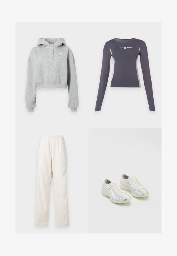 Grijze cropped hoodie gemaakt van zachte stof, met een geknoopte kraag, lange mouwen en een klein Nike-logo op de borst.; Donkergrijs langmouw sporttop dat aansluitend is, met lichtgrijze zijpanelen en een witte "Nike Shox" logo op de borst.; Loszittende, crèmekleurige broek met elastische taille en een rechte pijp, weergegeven tegen een effen witte achtergrond.; Nike Sportswear AIR SUPERFLY - Sneakers laag - pale ivory/silver-coloured