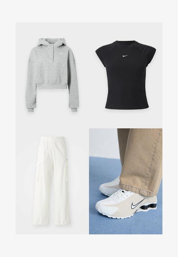 Hall hall varrukateta kapuutsiga jope, valmistatud pehmest kangast, millel on nööbitav krae, pikad varrukad ja väike Nike logo rinnal.; Must lühikeste varrukatega top soonilise tekstuuriga, varustatud ümmarguse kaelusega ja väikese valge Nike logoga rinnal.; Valged cargo püksid, millel on lai jalgade disain, varustatud elastse vöökoha ja küljetaskutega. Tekstureeritud kangas sileda pinnaga.; Valged ja beežid Nike'i tossud, millel on perforatsioonimuster, must swoosh-logo, tekstuurne pealis ja eriline veniv must konts.