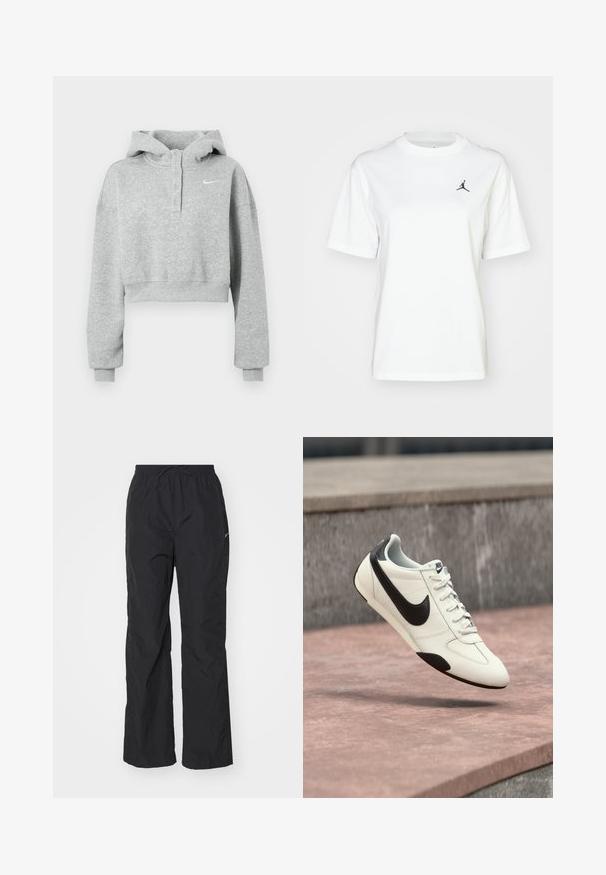 Sivá krátka mikina s kapucňou vyrobená z mäkkého materiálu, s gombíkovým golierom, dlhými rukávmi a malým logom Nike na hrudi.; Biela bavlnená tričko s krátkymi rukávmi, okrúhlym výstrihom a malým čiernym logom Jordan v hornej ľavej časti hrude.; Čierne, ľahké nohavice s elastickým pásom a šnúrkou. Majú textúrovaný povrch a malú reflexnú nášivku na boku.; Biela teniska Nike s čiernym logom swoosh, čiernym podpätkom a detailmi na podrážke, zavesená nad kamenným povrchom vonku.
