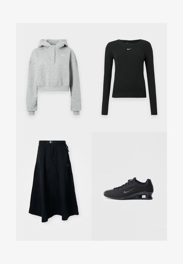 Sivá krátka mikina s kapucňou vyrobená z mäkkého materiálu, s gombíkovým golierom, dlhými rukávmi a malým logom Nike na hrudi.; Čierne priliehavé tričko s dlhým rukávom z rebrovanej látky, s okrúhlym výstrihom a jemným bielym logom Nike na hrudi.; Čierna dlhá sukňa vyrobená z pevnej látky, s plochým pásom a sponou a bočnými vreckami. Logo detail na prednej strane.; Čierne tenisky Nike s textúrovaným zvrškom, elegantným dizajnom, šnurovaním a viditeľnou vzduchovou jednotkou na päte. Minimalistický branding.