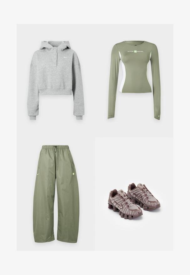 Sudadera corta gris hecha de tela suave, con cuello abotonado, mangas largas y un pequeño logo de Nike en el pecho.; Camiseta de manga larga Nike Shox en verde oliva con paneles laterales blancos y detalles en verde neón, corte ajustado y pequeño logo de swoosh en el puño de la manga.; Pantalones de corte suelto en color verde oliva con cintura elástica, cordón ajustable, bolsillos laterales y un pequeño logo verde claro en el muslo izquierdo.; Nike Sportswear SHOX TL - Zapatillas - pumice/night maroon/plum eclipse