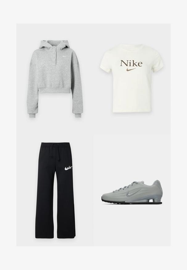 Grå cropped hættetrøje lavet af blødt stof, med knaplukket krave, lange ærmer og et lille Nike-logo på brystet.; Hvid kortærmet cropped t-shirt med brun "Nike" tekst og et leopardmønstret Nike swoosh logo på brystet.; Sorte joggingbukser i blødt materiale med elastisk taljebånd og snøre samt et hvidt Nike-logo på venstre side.; Sidelæns udsigt af en lysegrå Nike sneaker med snørebånd, et swoosh-logo og en gennemsigtig sål med komfortabel dæmpning på en ensfarvet baggrund.