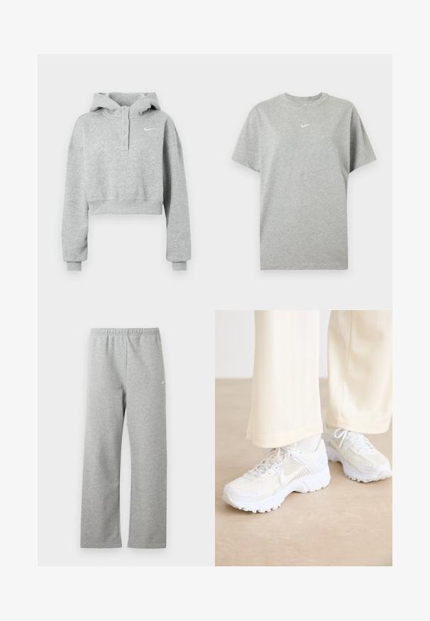 Sudadera corta gris hecha de tela suave, con cuello abotonado, mangas largas y un pequeño logo de Nike en el pecho.; Camiseta gris de algodón de manga corta con cuello redondo y pequeño logo blanco de Nike swoosh centrado en el pecho.; Pantalones deportivos gris claro con cintura elástica y un pequeño logo blanco de Nike en la parte superior del muslo, mostrados planos sobre un fondo blanco.; Zapatos deportivos blancos con un diseño de malla, superficies texturizadas y suelas que brindan soporte. Cierres de cordones y un detalle de marca sutil en el costado.