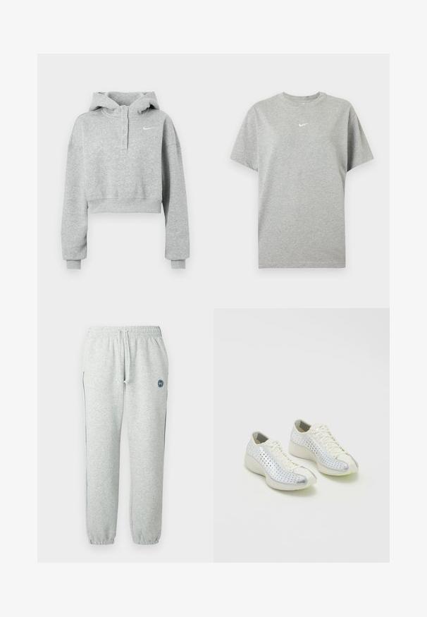 Grå cropped hættetrøje lavet af blødt stof, med knaplukket krave, lange ærmer og et lille Nike-logo på brystet.; Grå kortærmet bomuld T-shirt med rund hals og lille hvid Nike swoosh logo centreret på brystet.; Grå joggingbukser lavet af blødt stof med elastisk taljebånd med snøre, tætsiddende manchetter og en logodetalje på låret.; Nike Sportswear AIR SUPERFLY - Sneakers - pale ivory/silver-coloured