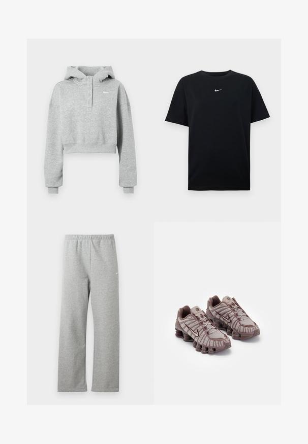 Grauer kurzer Hoodie aus weichem Stoff, mit geknöpftem Kragen, langen Ärmeln und einem kleinen Nike-Logo auf der Brust.; Schwarzes Baumwoll-T-Shirt mit Rundhalsausschnitt und kurzen Ärmeln. Verfügt über ein kleines weißes Nike-Logo, das mittig auf der Brust platziert ist. Glatte Textur.; Hellgraue Jogginghose mit elastischem Bund und kleinem weißen Nike-Logo am oberen Oberschenkel, auf weißem Hintergrund flach liegend dargestellt.; Nike Sportswear SHOX TL - Sneaker low - pumice/night maroon/plum eclipse