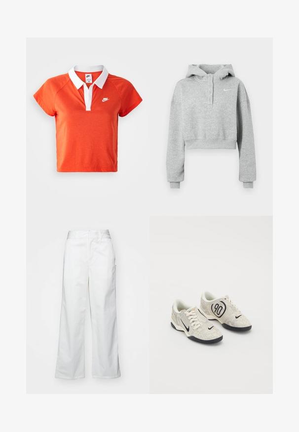 Hall hall varrukateta kapuutsiga jope, valmistatud pehmest kangast, millel on nööbitav krae, pikad varrukad ja väike Nike logo rinnal.; Käesolev oranž polo-särk, millel on valge krae, lühikesed varrukad ja valge Nike logo vasakul rinnal. Särk on valmistatud pehmest puuvilla segust.; Valged laiad püksid, mis on valmistatud puuvillast, omavad siledat tekstuuri, sirget lõiget, eesmine taskud ja puhtad äärised.; Nike spordijalatsid beeži ja halli tekstuuriga ülemise osa, mustade aktsentidega, suure "90" logoga ja valge sidumisega. Must tald.
