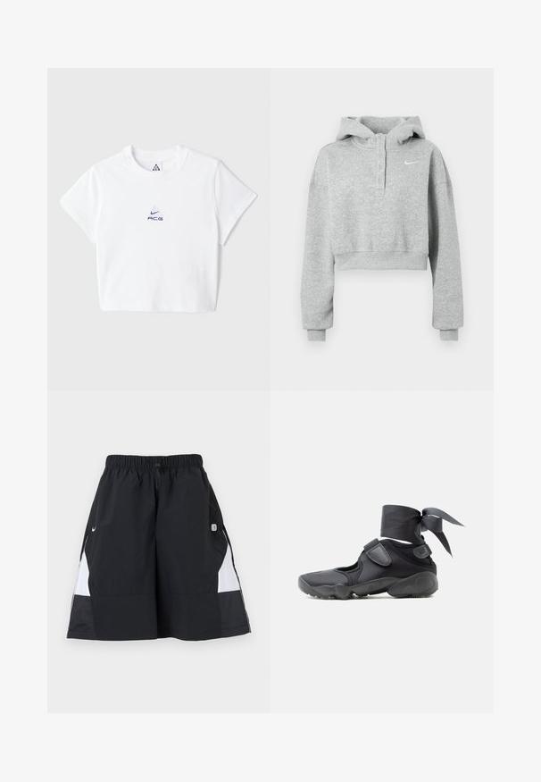Hall hall varrukateta kapuutsiga jope, valmistatud pehmest kangast, millel on nööbitav krae, pikad varrukad ja väike Nike logo rinnal.; Valge lühikeste varrukatega t-särk, mis on valmistatud puuvillast, sisaldab rinnal väikest sinist tikandlogot ja klassikalist ümmargust kaelust.; Mustvalged spordipüksid elastse vöökohaga ja nööriga, millel on Nike swoosh ja väike märgiloa patch paremal küljel.; Must sportlik kets lõhikute, takjakinnituste ja pahkluu ümber seotud paelaga, vaadatuna küljelt valgel taustal.