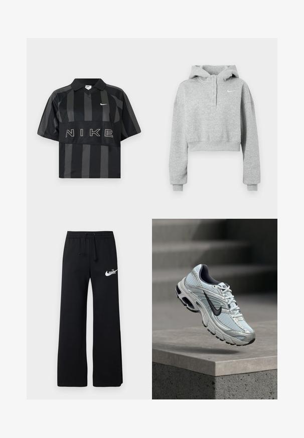 Sweat à capuche gris court en tissu doux, avec un col à boutons, des manches longues et un petit logo Nike sur la poitrine.; Polo Nike manches courtes à rayures verticales noires et gris foncé, col, virgule Nike blanche et grand texte NIKE sur la poitrine.; Pantalon de survêtement noir en matière douce, avec une taille élastique dotée d'un cordon de serrage et un logo Nike blanc sur le côté gauche.; Baskets de course Nike blanches et grises avec logo noir flottant au-dessus d'un rebord en béton sur fond gris flou.