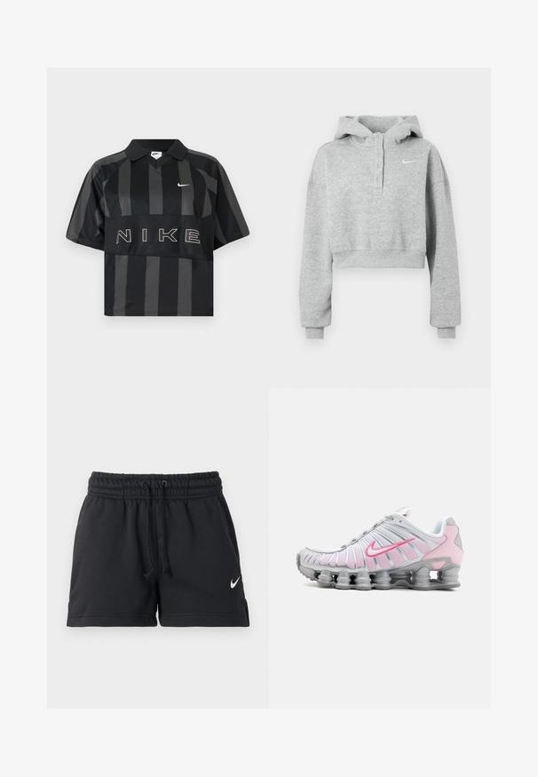 Sweat à capuche gris court en tissu doux, avec un col à boutons, des manches longues et un petit logo Nike sur la poitrine.; Polo Nike manches courtes à rayures verticales noires et gris foncé, col, virgule Nike blanche et grand texte NIKE sur la poitrine.; Shorts de sport Nike noirs avec taille élastique, cordon de serrage, poches latérales et logo swoosh blanc sur la jambe gauche.; Chaussure de sport Nike en blanc et rose clair. Présente un dessus en mesh et une semelle incurvée distinctive avec un amorti à air visible.