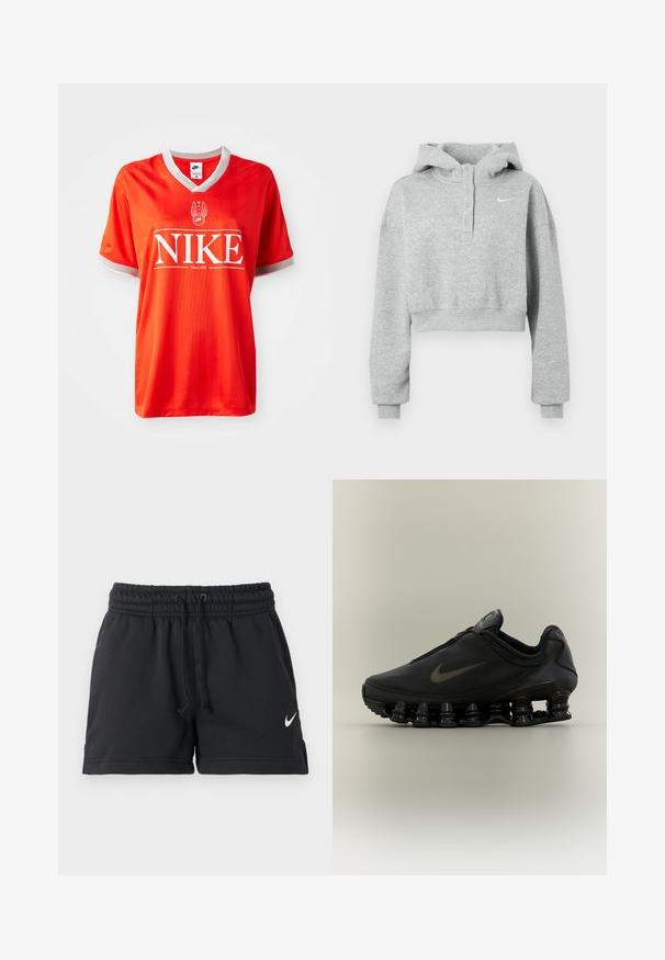 Harmaa lyhyt huppari, joka on valmistettu pehmeästä kankaasta. Siinä on napillinen kaulus, pitkät hihat ja pieni Nike-logo rinnassa.; Punainen Nike-paita, jossa on V-kaula-aukko, harmaa reunus hihoissa ja suuri valkoinen "NIKE" -logo. Sujuva, kevyt kangas, jossa on hienovarainen raidallinen kuvio.; Musta Nike-urheilushortsit, joissa on joustava vyötärönauha, kiristysnauha, sivutaskut ja vasemman jalan valkoinen Swoosh-logo.; Musta Nike-tennari, jossa on vetoketjulla varustettu päällinen ja erottuva joustinmäinen segmentoitunut pohja, esitetty sivuprofiilissa neutraalilla taustalla.