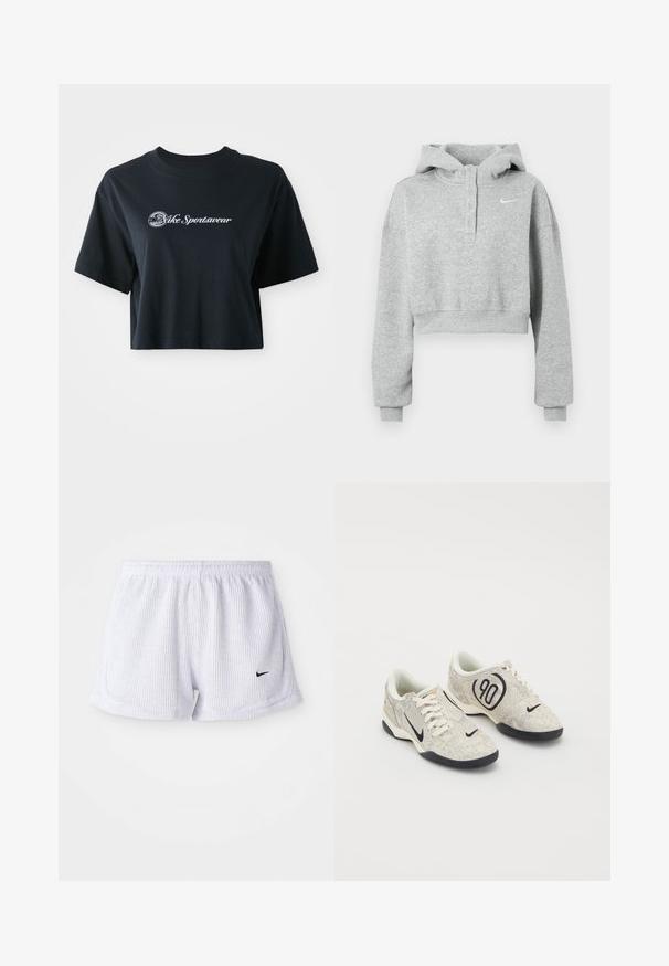 Harmaa lyhyt huppari, joka on valmistettu pehmeästä kankaasta. Siinä on napillinen kaulus, pitkät hihat ja pieni Nike-logo rinnassa.; Mustat puuvillaiset t-paidat, joissa on lyhyet hihat, etupuolella valkoiset tekstit "Vice Sportswear" ja ympyräkuvio.; Valkoiset, uurretut urheilushortsit, joissa on joustava vyötärö ja pieni musta Nike-logo vasemmassa alakulmassa. Yksinkertainen, minimalistinen muotoilu.; Nike lenkkarit, joissa on beigen ja harmaan sävyinen teksturoitu päällinen, mustia yksityiskohtia, suuri "90" logo ja valkoinen nauhakiinnitys. Musta pohja.
