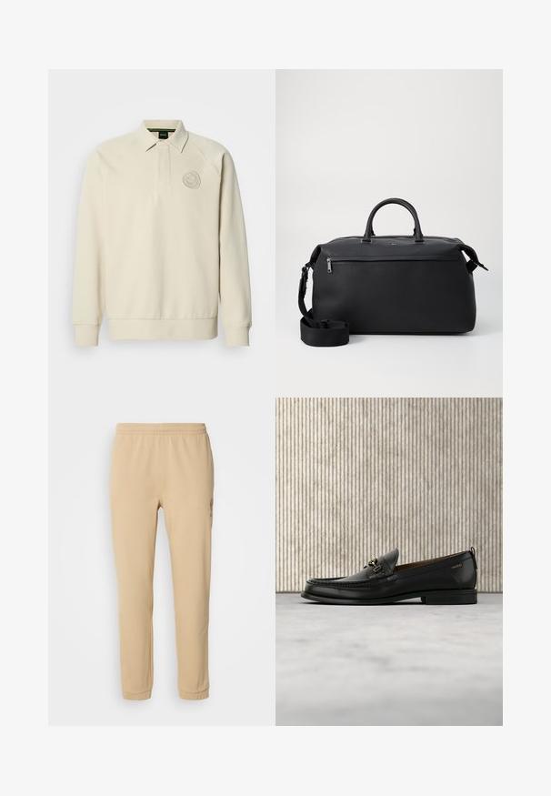 Beige pullover-sweatshirt med polo-krave, ribbede ærmeafslutninger og en cirkulær broderet logo på brystet. Blødt, tekstureret stof.; Beige bomulds-sweatpants med elastisk talje, tapered ben og broderedetaljer i siden, med en blød tekstur og enkelt design.; Sort læderloafers med guldfarvet metaldekoration og "HUGO" branding, vist mod en beige tæppe og brunt gennemsigtigt møbel.; Sort læder duffel taske med to top hanke, en aftagelig skulderrem og en lynlåslomme foran til ekstra opbevaring.