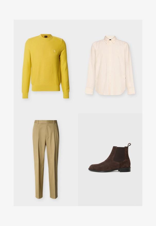 Pull jaune à manches longues en maille texturée avec col, poignets et ourlet côtelés, présentant un petit écusson carré avec logo sur la poitrine gauche.; Chemise beige à manches longues boutonnée avec des rayures verticales subtiles et un col classique, présentée sur un fond clair uni.; Pantalon beige ajusté avec passants de ceinture et pli frontal, présenté sur un fond clair uni.; Bottines en daim marron avec panneaux élastiques sur les côtés, bout arrondi et languette en boucle au talon. Semelle plate en caoutchouc noir.