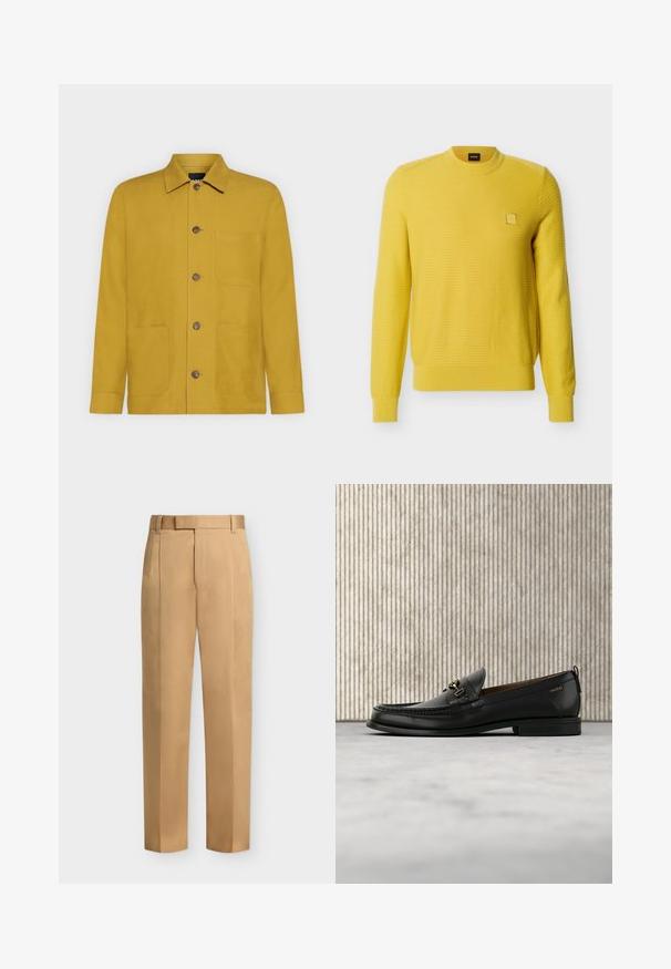 Pull jaune à manches longues en maille texturée avec col, poignets et ourlet côtelés, présentant un petit écusson carré avec logo sur la poitrine gauche.; Veste jaune moutarde à manches longues avec col, quatre boutons devant et trois poches avant sur fond uni.; Pantalon beige droit avec passants de ceinture, plis devant et fermeture éclair.; Mocassin en cuir noir avec mors en métal doré et logo "HUGO", présenté sur un tapis beige et un meuble translucide marron.