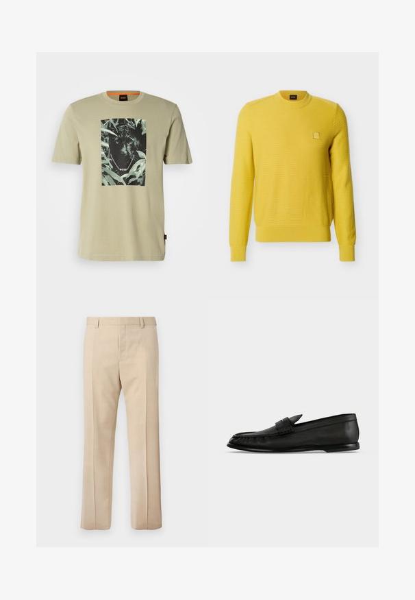 Kollane pika varrukaga tekstuuriga kampsun soonikkoes krae, mansettide ja alläärega, millel vasakul rinnal väike ruudukujuline logoplaat.; Õlivärvi t-särk, mis on valmistatud puuvillast, musta panteri graafikaga, mida ümbritseb lehestik. Brändi logo on kujunduses välja toodud.; Beežid kohandatud püksid vöökandade, ees oleva voldi ja varjatud luku sulgemisega, esitletud ühevärvilisel taustal.; Mustast nahast loafer madala kontsaga ja ülaosas rihma detailiga, näidatud külgvaates heleda taustaga.