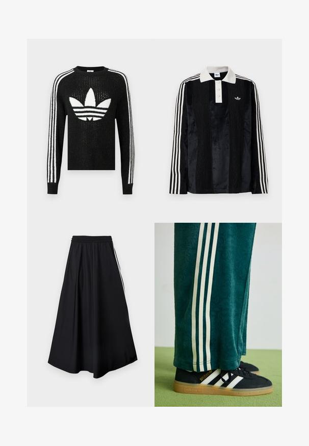 Mustvalge kudumik hoidismüts, millel on valge Adidas trefoil logo ja iga varruka peal kolm valget triipu. Tekstuuriga kangas, mis särab kergelt.; Must musta särg, millel on pikad varrukad, valge soonikuline krae, kolm nööpaukku, tekstureeritud esipind ja kolm valget triipu igal varrukal.; Mustad laia lõikega püksid kummiga vöökohal ja valgete küljeribadega, esitatud tühjal valgel taustal.; Rohelised tekstureeritud püksid valgete külgriidega, kombineeritud mustade Adidas jalgadega, millel on kolm valget triipu ja kummi tald.