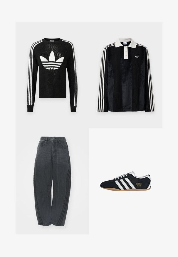 Čierny pletený sveter s bielym logom Adidas trefoil a tromi bielymi pruhmi na každom rukáve. Textúrovaná tkanina s miernym leskom.; Čierna sametová polo košeľa s dlhými rukávmi a bielym rebrovaným golierom, s tromi gombíkmi, texturovaným predným dielom a tromi bielymi pruhmi na každom rukáve.; Voľné čierne denimové džínsy so zosušeným povrchom, piatimi vreckami, zapínaním na gombík v páse a prešívaním na prednej strane a po stranách.; Čierne semišové tenisky s bielymi tromi pruhmi, zlatým logom a hnedou gumovou podrážkou. Disponujú nízkym šnurovacím dizajnom.