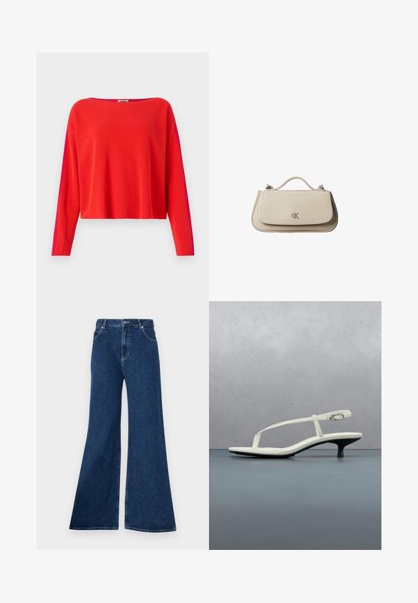 Rød ribbet pullover med lange ærmer, cropped snit og en kontrastfarvet magenta sidepanel. Glat tekstur, bred halsudskæring.; Bredde jeans lavet af denim, med høj talje, fem-lomme design, kontraststikninger og lynlås med knaplukning.; Hvid sandal med stropper og kitten-hæl med spids tå, svævende over et trægulv udendørs med en sløret plante og væg i baggrunden.; Lille beige læderhåndtaske med top håndtag og sølv CK-logo på frontklap, vist mod en hvid baggrund.