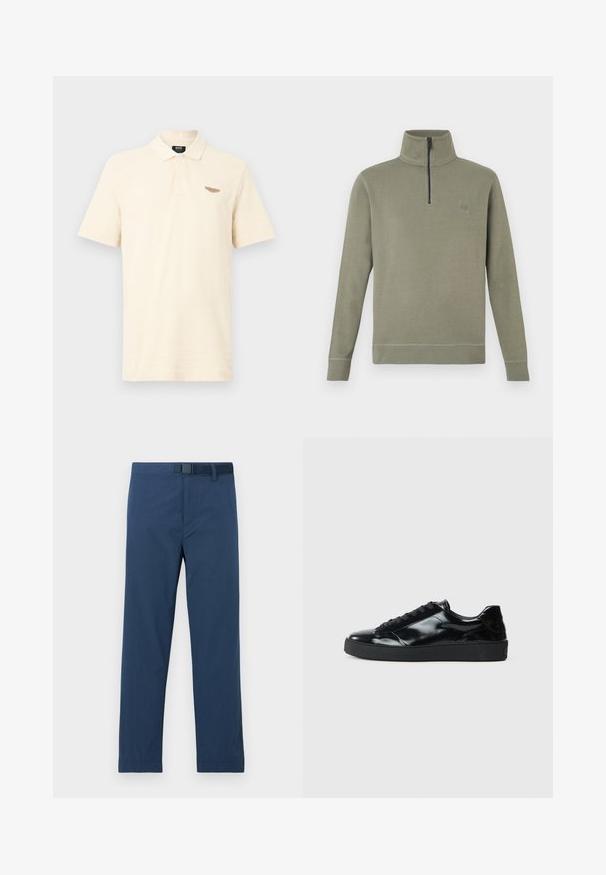 Pull-over en polaire verte avec un col haut et une fermeture éclair à moitié. Il présente un patch logo rectangulaire sur le côté gauche de la poitrine et des poignets côtelés.; Polo beige clair en tissu doux, doté d'une patte à trois boutons et d'un petit logo texturé sur la poitrine gauche.; Pantalon bleu marine en tissu lisse, avec une coupe régulière, des jambes droites et une fermeture à bouton et crochet à la taille.; Baskets en cuir verni noir avec un bout arrondi, un laçage, une semelle en caoutchouc texturé et une finition lisse.