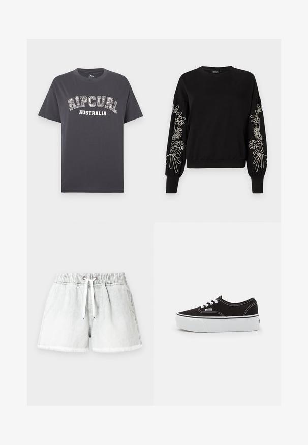 Μαύρη μακρυμάνικη σου sweatshirt με λευκό κεντητό αφηρημένο σχέδιο γραμμών στα μανίκια και ριμπ στα τελειώματα και στην μέση.; Παντελόνι μπλούζας από βαμβάκι σκούρου γκρι χρώματος με κοντά μανίκια, που διαθέτει λευκό τυπωμένο λογότυπο «RIPCURL AUSTRALIA» σε έντονο, καμπυλωτό στυλ.; Ανοιχτό γκρι denim σορτς με ελαστική μέση, κορδόνι για δέσιμο και φθαρμένο τελείωμα. Διαθέτει δύο πλαϊνές τσέπες και άνετη εφαρμογή.; Μαύρο καστόρινο αθλητικό παπούτσι με λευκή καουτσούκ πλατφόρμα, που διαθέτει λευκές κορδόνες και ραφές, εμβληματική σήμανση στο πλάι, σε χαμηλό σχεδιασμό.