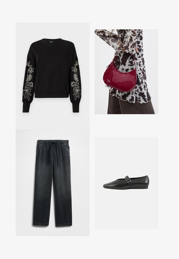 Schwarzer Langarmpullover mit weißer abstrakter Linienkunst-Stickerei an beiden Ärmeln sowie gerippten Bündchen und Saum.; Schwarze Jeanshose mit einem elastischen Bund und Kordelzug, weitem Bein und dezentem Used-Effekt. Mit zwei Seitentaschen.; Schwarze Lederflachschuhe mit spitzem Zehenbereich, ausgestattet mit einem metallischen Riemen über dem Spann und einer niedrigen, flexiblen Sohle.; Frau trägt eine schwarz-weiß gemusterte Bluse und hält eine glänzende rote Schultertasche vor einem einfarbigen Hintergrund.