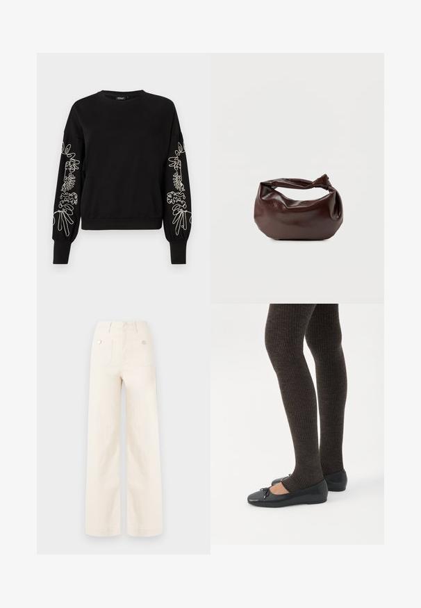 Zwarte sweatshirt met lange mouwen, voorzien van witte abstracte lijntekeningen borduursel op beide mouwen en geribbelde manchetten en zoom.; Brede pijpen broek van ivoorkleurige katoen. Heeft een hoge taille, twee achterzakken met metalen knopen en een schone, gladde textuur.; Benen met donkere geribbelde leggings gecombineerd met zwarte ballerina's met kleine strikdetails op een witte achtergrond.; Donkerbruine leren schoudertas met een zachte, slungelige vorm en een gedraaide knoopvormige handgreep op een effen witte achtergrond.