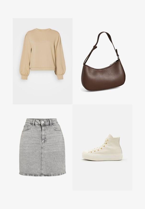 MSCH Copenhagen HADEYA - Sudadera - cornstalk; Falda de mezclilla gris con cintura alta, cierre de botones en la parte delantera y dos bolsillos laterales. Presenta un dobladillo deshilachado y una textura sutilmente lavado a la piedra.; Zapatillas altas de cuero crema con ojales dorados y un acabado texturizado. Presentan una suela de goma y una puntera redondeada.; Pequeño bolso bandolera de cuero marrón con correa ajustable y cierre de cremallera, mostrado sobre un fondo blanco. Sin logotipos ni adornos visibles.