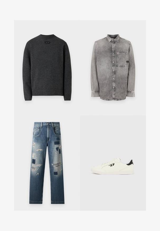 Dunkelgrauer Pullover aus weichem Strickstoff mit Rundhalsausschnitt sowie gerippten Bündchen an Ärmeln und Saum. Mit kleinem Logodetail auf der Rückseite.; Graues Denim-Hemd mit Knopfleiste, langen Ärmeln, mittlerem Stoffgewicht, einer Brusttasche, abgedunkeltem Finish mit kontrastierenden Knöpfen, klassischem Kragen.; Jeans aus Denim mit abgenutzten Flicken und verschiedenen Blautönen, im geraden Schnitt und mit klassischem Fünf-Taschen-Design.; Weiße Sneaker mit strukturiertem Obermaterial, schwarzen Akzenten an der Ferse und einem Logo an der Seite. Schnürdesign und Gummisohle.