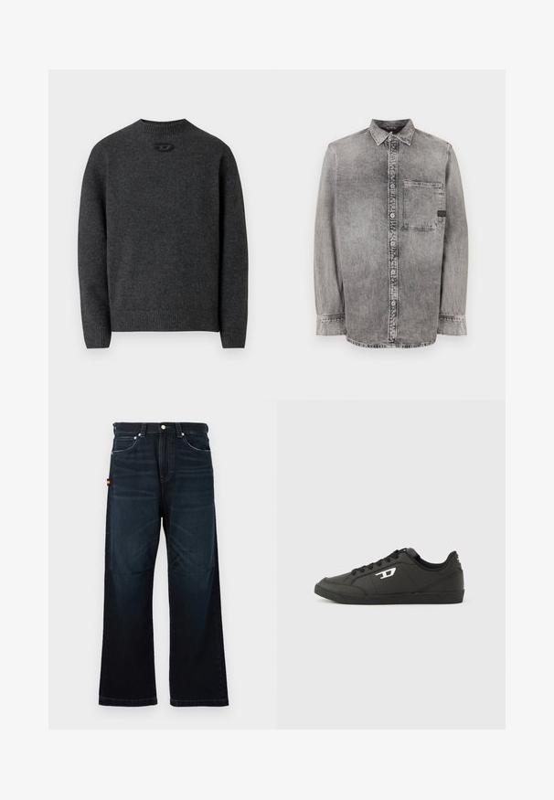 Donkergrijze trui gemaakt van zachte gebreide stof, met een ronde halslijn en geribbelde boorden en zoom. Voorzien van een klein logodetail aan de achterkant.; Grijze denim knopsluiting overhemd, lange mouwen, stof van gemiddelde dikte, enkele borstzak, vervaagde afwerking met contrasterende knopen, klassieke kraag.; Donkerblauwe broek met rechte pijpen, klassieke vijf-pocket ontwerp, riemlussen en subtiele vervaging bij de voorkant en knieën.; Zwarte sneakers van synthetisch materiaal met een geribbelde zwarte zool, ronde neus en vlakke zwarte veters. Opvallend wit logomerk aan de buitenzijde.