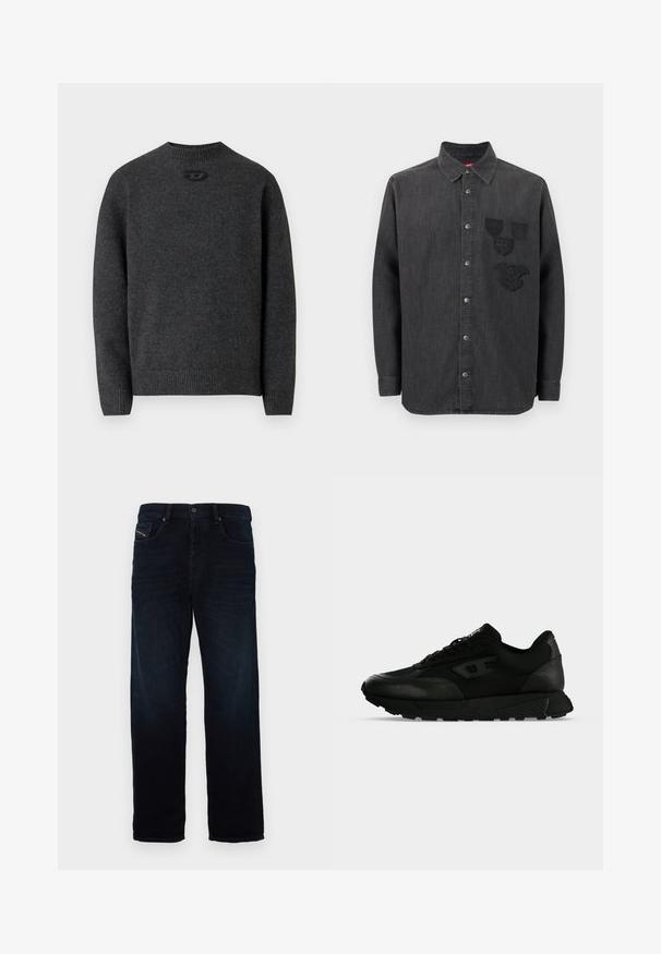Pull gris foncé en tissu tricoté doux, avec un col rond et des poignets et un ourlet côtelés. Comprend un petit détail de logo à l'arrière.; Chemise en denim noir avec un devant boutonné, des manches longues, un col, et trois écussons brodés sur la poitrine gauche. Tissu texturé.; Jean en denim bleu marine avec une coupe droite, dotés d'une poche avant et d'une fermeture à bouton. Le tissu a une texture lisse et un éclat subtil.; Baskets basses noires avec cuir texturé et panneaux en tissu, fermeture lacets et semelle épaisse en caoutchouc sur un fond clair uni.