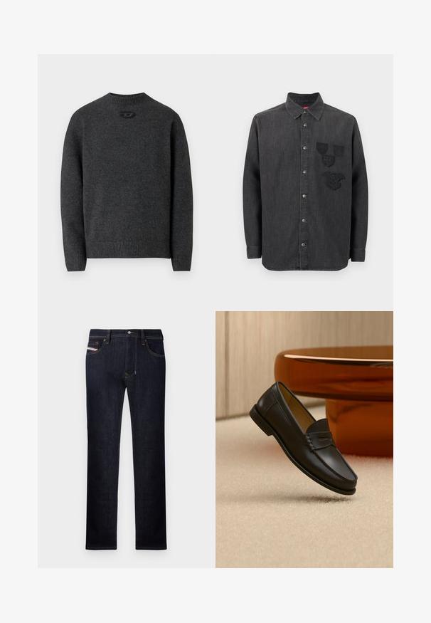 Dunkelgrauer Pullover aus weichem Strickstoff mit Rundhalsausschnitt sowie gerippten Bündchen an Ärmeln und Saum. Mit kleinem Logodetail auf der Rückseite.; Schwarzes Denim-Hemd mit durchgehender Knopfleiste, langen Ärmeln, einem Kragen und drei bestickten Abzeichen auf der linken Brust. Strukturierter Stoff.; Dunkelblaue Jeans aus Denim im geraden Schnitt, mit fünf Taschen, einem Knopfverschluss und kontrastierenden Nähtelementen.; Schwarzer Leder-Loafer, der über einem hellbeigen Teppich schwebt, mit bernsteinfarbenen modernen Möbeln im Hintergrund.