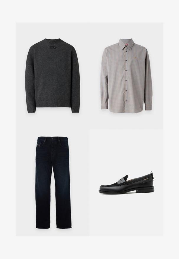 Pull gris foncé en tissu tricoté doux, avec un col rond et des poignets et un ourlet côtelés. Comprend un petit détail de logo à l'arrière.; Chemise à boutons dans un motif à carreaux bleu et orange, à manches longues, avec un col pointu et un petit logo sur la poche de la poitrine.; Jean en denim bleu marine avec une coupe droite, dotés d'une poche avant et d'une fermeture à bouton. Le tissu a une texture lisse et un éclat subtil.; Mocassin en cuir noir avec détail de bride grise, talon bas et semelle texturée, marqué "HUGO" en or sur le côté.