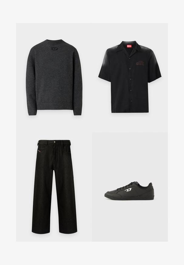 Pull gris foncé en tissu tricoté doux, avec un col rond et des poignets et un ourlet côtelés. Comprend un petit détail de logo à l'arrière.; Chemise noire à manches courtes en tissu lisse avec un devant boutonné, arborant un logo embossé discret sur la poitrine gauche.; Jean noir à jambes larges en denim, présentant une fermeture éclair, cinq poches et un branding discret sur la poche avant. Tissu durable et texturé.; Baskets synthétiques noires avec une semelle noire texturée, un bout rond et des lacets plats noirs. Logo blanc remarquablement placé sur le côté extérieur.