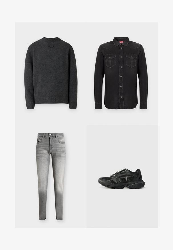 Pull gris foncé en tissu tricoté doux, avec un col rond et des poignets et un ourlet côtelés. Comprend un petit détail de logo à l'arrière.; Chemise en denim noir à manches longues avec boutons-pression, col pointu et deux poches avant. Présente un léger éclat et des coutures contrastées.; Jean slim gris délavé avec un design à cinq poches et une fermeture par boutons, présenté sur un fond uni.; Baskets de sport noires avec une tige en mesh, des accents texturés et un col rembourré. Design à lacets avec une semelle en caoutchouc épaisse pour le soutien.