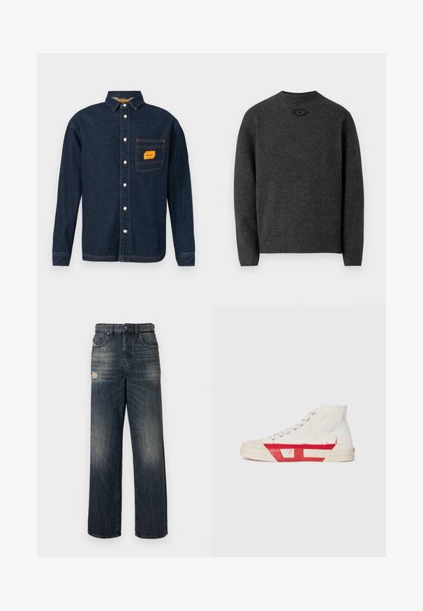 Donkergrijze trui gemaakt van zachte gebreide stof, met een ronde halslijn en geribbelde boorden en zoom. Voorzien van een klein logodetail aan de achterkant.; Donkerblauwe denim shirt met button-down kraag, oranje label op de borstzak en witte knopen. Zachte textuur met contrasterende stikseldetails.; Blauwe spijkerbroek van denim met een losse pasvorm, voorzien van verweerde details en een vervaagde wassing, vijf zakken en een ritssluiting.; Hoge sneakers met een witte canvas bovenkant, rode rubberen accenten en een versleten zoomdetail, met zilveren oogjes en een gestructureerde zool.