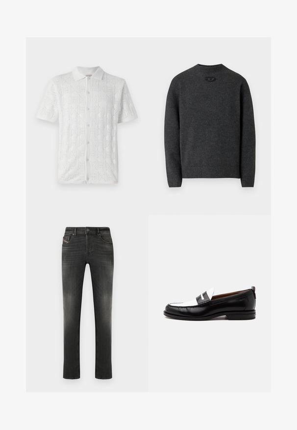 Pull gris foncé en tissu tricoté doux, avec un col rond et des poignets et un ourlet côtelés. Comprend un petit détail de logo à l'arrière.; Chemise blanche à manches courtes avec un motif à grille texturé et de petites perforations, présentant un col et cinq boutons sur le devant.; Jean gris foncé à coupe standard, design à cinq poches, légère décoloration et finition texturée subtile. Fermeture par bouton métallique à la taille.; Mocassin en cuir noir et blanc avec des détails cousus, un petit talon et un design slip-on, présenté de profil sur un fond uni.