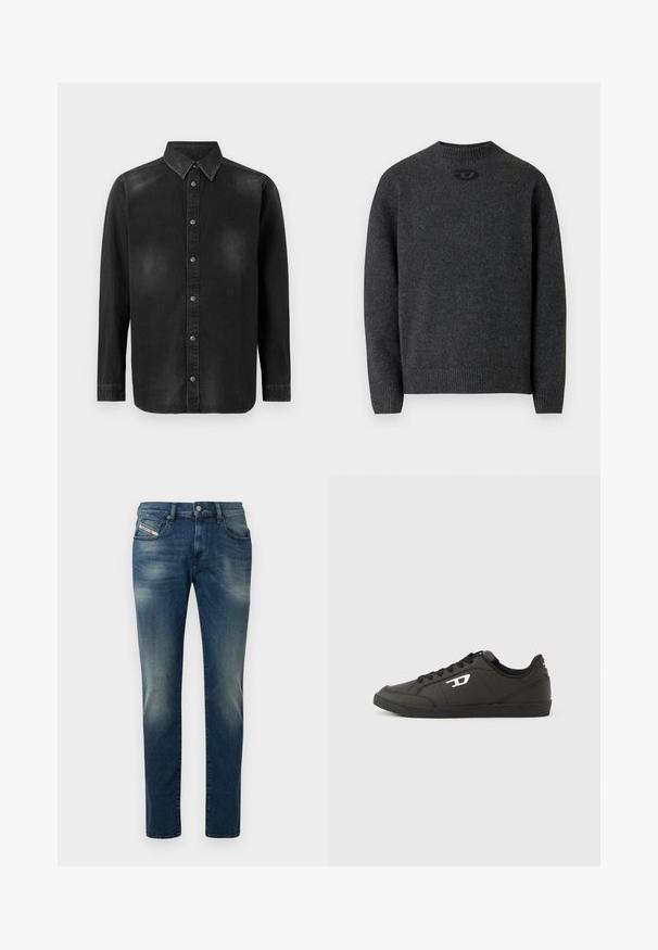Mørkegrå sweater lavet af blødt strikket stof med rund halsudskæring og ribstrikkede manchetter og kant. Har et lille logodetalje på ryggen.; Sort denimskjorte med button-down krave, lange ærmer og frontlukning med knapper. Har diskret falmning og en skræddersyet pasform.; Mørkeblå denimjeans med en falmet vask, lige ben og et let slid på knæet. Har forlommer og lukning med metalknap.; Sorte syntetiske sneakers med en struktureret sort sål, rund tå og flade sorte snørebånd. Fremtrædende hvidt logo på ydersiden.