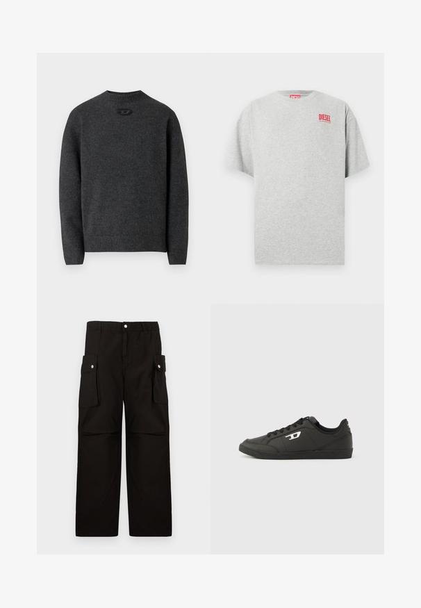 Mørkegrå sweater lavet af blødt strikket stof med rund halsudskæring og ribstrikkede manchetter og kant. Har et lille logodetalje på ryggen.; Grå bomuld t-shirt med rund hals og korte ærmer. Har et lille rødt "DIESEL" logo på brystet. Glat tekstur.; Sorte cargo-bukser lavet af blødt stof, med elastisk talje, sidedroplommer med klapper og en løs, lige ben-design.; Sorte syntetiske sneakers med en struktureret sort sål, rund tå og flade sorte snørebånd. Fremtrædende hvidt logo på ydersiden.