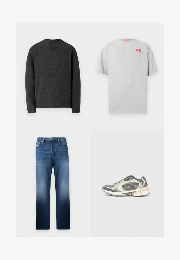 Mørkegrå sweater lavet af blødt strikket stof med rund halsudskæring og ribstrikkede manchetter og kant. Har et lille logodetalje på ryggen.; Grå bomuld t-shirt med rund hals og korte ærmer. Har et lille rødt "DIESEL" logo på brystet. Glat tekstur.; Mørkeblå denim jeans med lige ben-design, præget af en bleget vask-effekt. Inkluderer en frontknaplukning og lommer.; Sportssko i grå, hvide og beige materialer med en mesh-overdel, tyk sål og teksturerede accenter. Reflekterende detaljer på siderne.