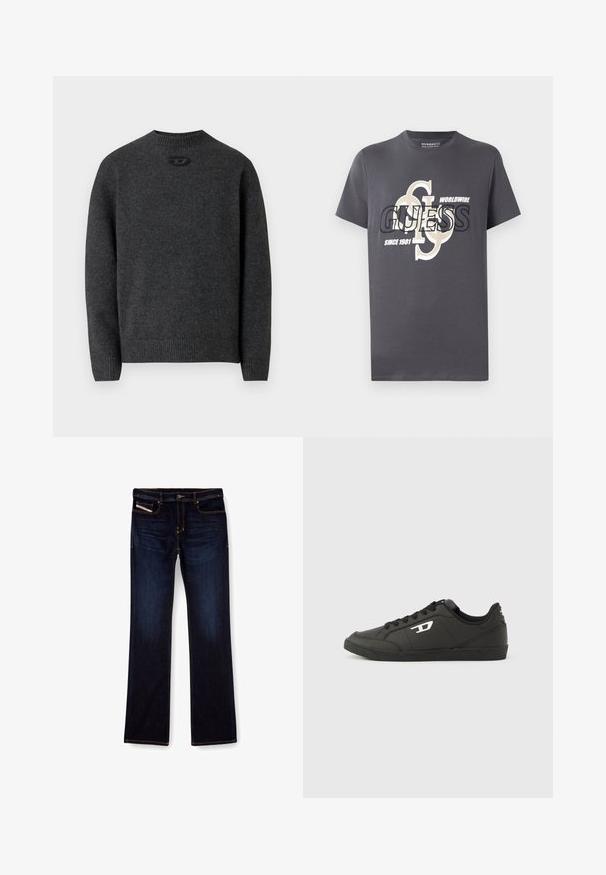 Dunkelgrauer Pullover aus weichem Strickstoff mit Rundhalsausschnitt sowie gerippten Bündchen an Ärmeln und Saum. Mit kleinem Logodetail auf der Rückseite.; Graues Baumwoll-T-Shirt mit kurzen Ärmeln, das einen großen Grafikdruck in Schwarz und Beige zeigt, einschließlich des Textes "GUESS", "WORLDWIDE" und "SINCE 1981."; Dunkelblaue Jeans aus Denim mit geradem Bein, ausgestattet mit orangefarbenen Nähten, einem Reißverschluss und Vordertaschen. Glatte Textur und Standardbund.; Schwarze Sneakers aus synthetischem Material mit einer strukturierten schwarzen Sohle, rundem Zehenbereich und flachen schwarzen Schnürsenkeln. Auffälliges weißes Logo auf der Außenseite.