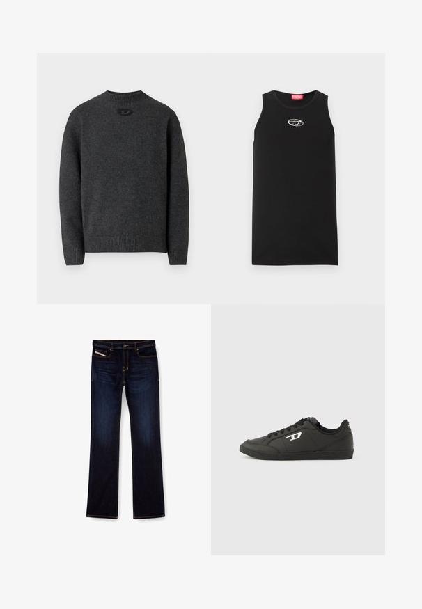 Suéter gris oscuro hecho de tela de punto suave, con cuello redondo y puños y dobladillo acanalados. Incluye un pequeño detalle de logo en la parte trasera.; Camiseta sin mangas negra hecha de algodón. Presenta un escote redondo y un pequeño logo blanco de Diesel en el pecho. Textura suave.; Jeans de mezclilla de color azul oscuro con corte recto, con costuras naranjas, cremallera en la bragueta y bolsillos delanteros. Textura suave y cinturilla estándar.; Zapatillas deportivas negras sintéticas con suela negra texturizada, puntera redonda y cordones planos negros. Destaca un logo blanco en el lateral exterior.