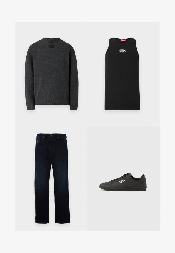 Pull gris foncé en tissu tricoté doux, avec un col rond et des poignets et un ourlet côtelés. Comprend un petit détail de logo à l'arrière.; Débardeur noir sans manches en coton. Présente un col rond et un petit logo Diesel blanc sur la poitrine. Texture lisse.; Jean en denim bleu marine avec une coupe droite, dotés d'une poche avant et d'une fermeture à bouton. Le tissu a une texture lisse et un éclat subtil.; Baskets synthétiques noires avec une semelle noire texturée, un bout rond et des lacets plats noirs. Logo blanc remarquablement placé sur le côté extérieur.