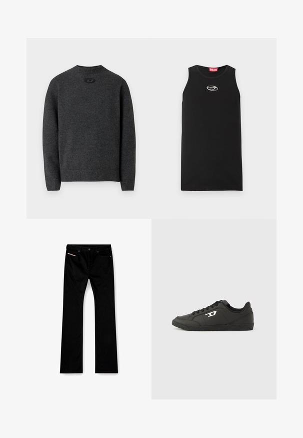 Pull gris foncé en tissu tricoté doux, avec un col rond et des poignets et un ourlet côtelés. Comprend un petit détail de logo à l'arrière.; Débardeur noir sans manches en coton. Présente un col rond et un petit logo Diesel blanc sur la poitrine. Texture lisse.; Jeans noirs à jambe droite avec bouton et fermeture éclair à l'avant, poches avant et arrière, et une étiquette blanche visible dans la poche avant droite.; Baskets synthétiques noires avec une semelle noire texturée, un bout rond et des lacets plats noirs. Logo blanc remarquablement placé sur le côté extérieur.