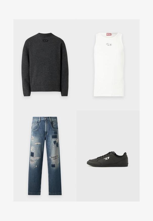 Dunkelgrauer Pullover aus weichem Strickstoff mit Rundhalsausschnitt sowie gerippten Bündchen an Ärmeln und Saum. Mit kleinem Logodetail auf der Rückseite.; Weißes ärmelloses Tanktop aus glattem Stoff, mit kleinem silbernem Logo auf der Brust und einem roten Etikett am Halsausschnitt.; Jeans aus Denim mit abgenutzten Flicken und verschiedenen Blautönen, im geraden Schnitt und mit klassischem Fünf-Taschen-Design.; Schwarze Sneakers aus synthetischem Material mit einer strukturierten schwarzen Sohle, rundem Zehenbereich und flachen schwarzen Schnürsenkeln. Auffälliges weißes Logo auf der Außenseite.