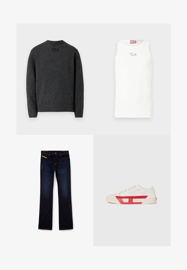 Dunkelgrauer Pullover aus weichem Strickstoff mit Rundhalsausschnitt sowie gerippten Bündchen an Ärmeln und Saum. Mit kleinem Logodetail auf der Rückseite.; Weißes ärmelloses Tanktop aus glattem Stoff, mit kleinem silbernem Logo auf der Brust und einem roten Etikett am Halsausschnitt.; Dunkelblaue Jeans aus Denim mit geradem Bein, ausgestattet mit orangefarbenen Nähten, einem Reißverschluss und Vordertaschen. Glatte Textur und Standardbund.; Leinensneaker mit weißem Obermaterial, roten Gummidetails und einem strukturierten Design. Verfügt über eine runde Zehenpartie und fünf Ösen für die Schnürsenkel.